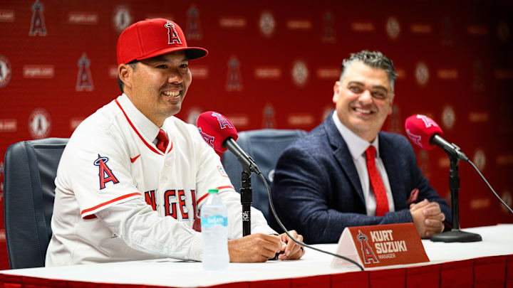 Oct 22, 2025; Los Angeles, CA, USA; Los Angeles Angels manager Kurt Suzuki speaks during a press conference at Angel Stadium. Mandatory Credit: William Liang-Imagn Images Oct 22, 2025; Los Angeles, CA, USA; Los Angeles Angels manager Kurt Suzuki speaks during a press conference at Angel Stadium. Mandatory Credit: William Liang-Imagn Images