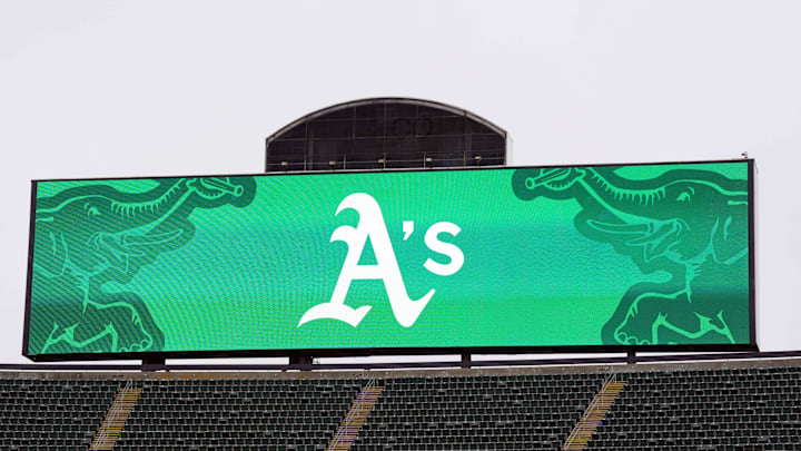 Aug 4, 2024; Oakland, California, USA; The main scoreboard displays the Oakland Athletics logo before the game against the Los Angeles Dodgers at Oakland-Alameda County Coliseum. Mandatory Credit: Darren Yamashita-Imagn Images