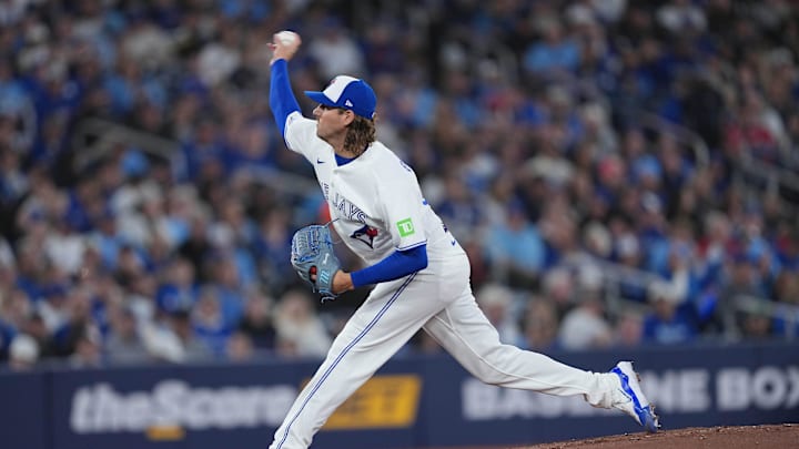 Mar 27, 2026; Toronto, Ontario, CAN; Toronto Blue Jays starting pitcher Kevin Gausman (34) throws a pitch a