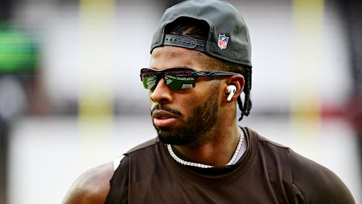 Nov 30, 2025; Cleveland, Ohio, USA;  Cleveland Browns quarterback Shedeur Sanders (12) warms up before the game against the San Francisco 49ers at Huntington Bank Field.
