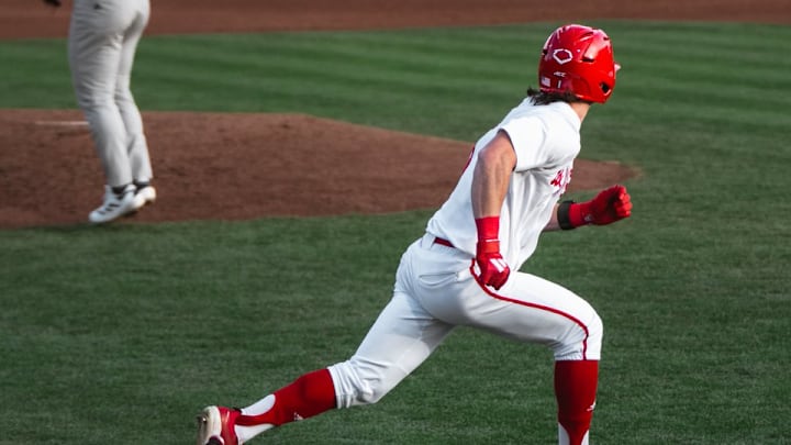 NC State left fielder Rett Johnson runs the bases during the Wolfpack's 9-2 victory over Queens University (NC) on Wednesday, March 4, 2026. 