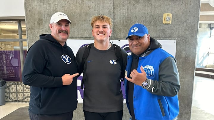 BYU offensive line target Jax Tanner with Kalani Sitake and TJ Woods