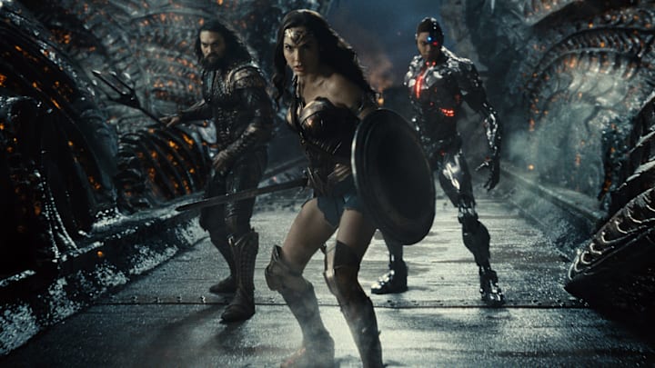 Jason Momoa (Aquaman / Arthur Curry), Gal Gadot (Diana Prince / Wonder Woman), Ray Fisher (Cyborg / Victor Stone) in Zack Snyder's Justice League. Photograph by Courtesy of HBO Max