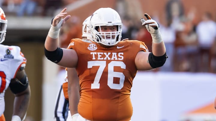 Dec 21, 2024; Austin, Texas, USA; Texas Longhorns offensive lineman Hayden Conner (76) against the Clemson Tigers during the CFP National playoff first round at Darrell K Royal-Texas Memorial Stadium.  