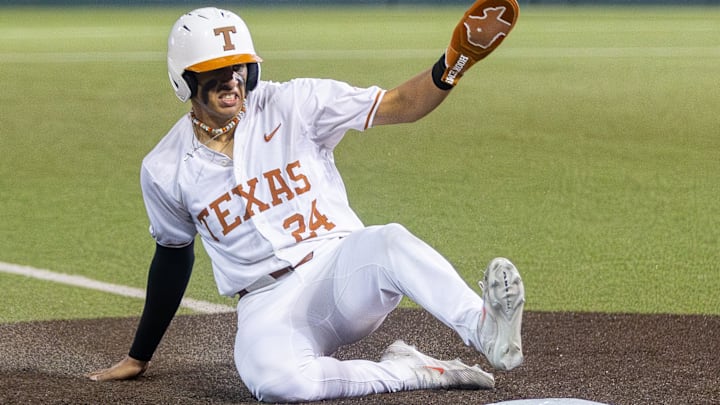 Texas sophomore shortstop Adrian Rodriguez steals third base in the seventh inning against the UTSA Roadrunners on May 5, 2026, at UFCU Disch-Falk Field in Austin, Texas. 