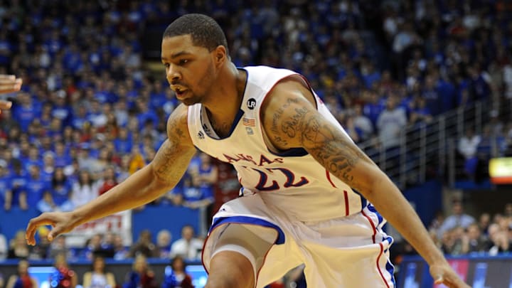 Feb 21, 2011; Lawrence, KS, USA; Kansas Jayhawks forward Marcus Morris (22) drives to the basket against the Oklahoma State Cowboys during the first half at Allen Fieldhouse.