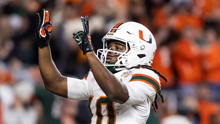Jan 19, 2026; Miami Gardens, FL, USA; Miami Hurricanes wide receiver Malachi Toney (10) celebrates after scoring a touchdown against the Indiana Hoosiers during the College Football Playoff National Championship game at Hard Rock Stadium. Mandatory Credit: Mark J. Rebilas-Imagn Images Jan 19, 2026; Miami Gardens, FL, USA; Miami Hurricanes wide receiver Malachi Toney (10) celebrates after scoring a touchdown against the Indiana Hoosiers during the College Football Playoff National Championship game at Hard Rock Stadium. Mandatory Credit: Mark J. Rebilas-Imagn Images