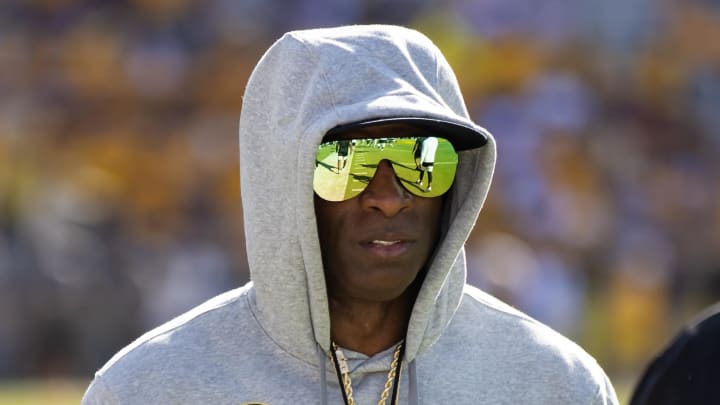 Oct 7, 2023; Tempe, Arizona, USA; Colorado Buffaloes head coach Deion Sanders against the Arizona State Sun Devils at Mountain America Stadium. Mandatory Credit: Mark J. Rebilas-USA TODAY Sports