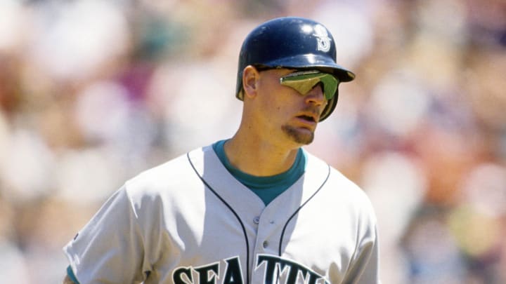 1993, Oakland, CA, USA; FILE PHOTO; Seattle Mariners right fielder Jay Buhner in action against the Oakland Athletics at the Oakland Coliseum during the 1993 season. Mandatory Credit: RVR Photos-USA TODAY Sports
