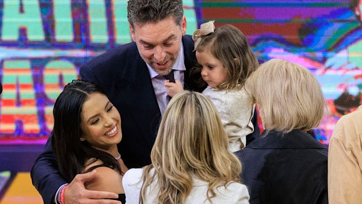 March 7, 2023: Pau Gasol embraces Vanessa Bryant during his jersey retirement ceremony at halftime in the NBA. March 7, 2023: Pau Gasol embraces Vanessa Bryant during his jersey retirement ceremony at halftime in the NBA.