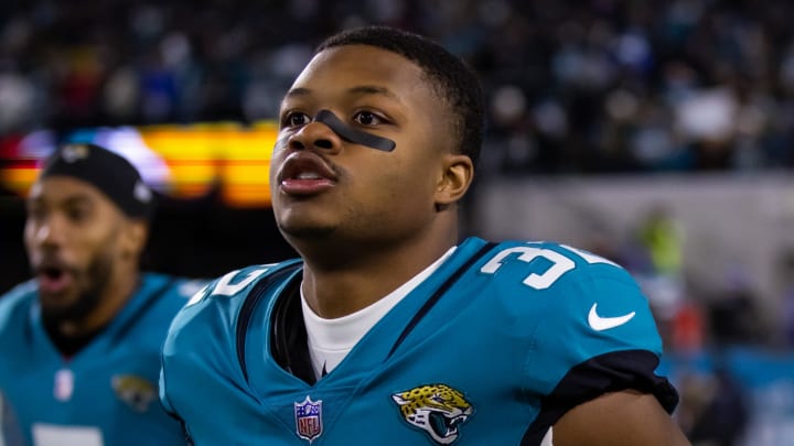 Jan 14, 2023; Jacksonville, Florida, USA; Jacksonville Jaguars cornerback Tyson Campbell (32) against the Los Angeles Chargers during a wild card playoff game at TIAA Bank Field. Mandatory Credit: Mark J. Rebilas-USA TODAY Sports Jan 14, 2023; Jacksonville, Florida, USA; Jacksonville Jaguars cornerback Tyson Campbell (32) against the Los Angeles Chargers during a wild card playoff game at TIAA Bank Field. Mandatory Credit: Mark J. Rebilas-USA TODAY Sports