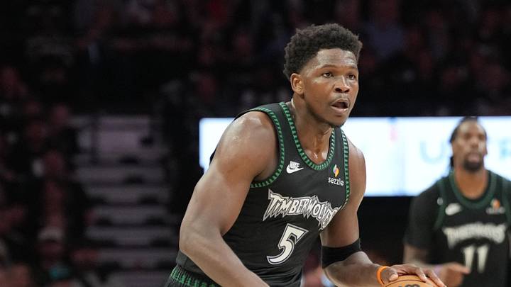 May 15, 2026; Minneapolis, Minnesota, USA; Minnesota Timberwolves guard Anthony Edwards (5) dribbles the ball against the San Antonio Spurs in the second half during game six of the second round of the 2026 NBA Playoffs at Target Center. Mandatory Credit: Jesse Johnson-Imagn Images