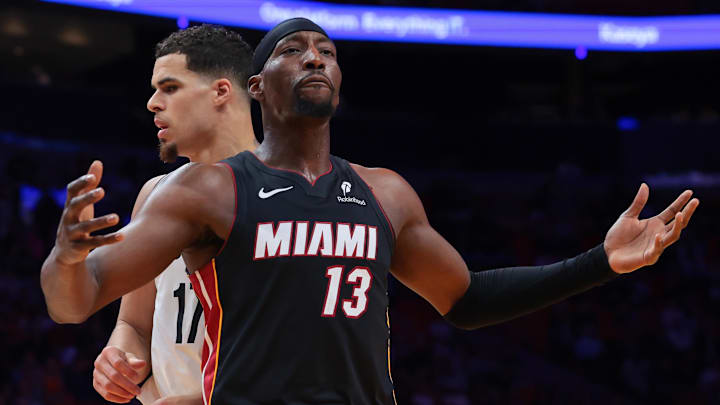 Miami Heat center Bam Adebayo (13) reacts (Mandatory Credit: Sam Navarro-Imagn Images)