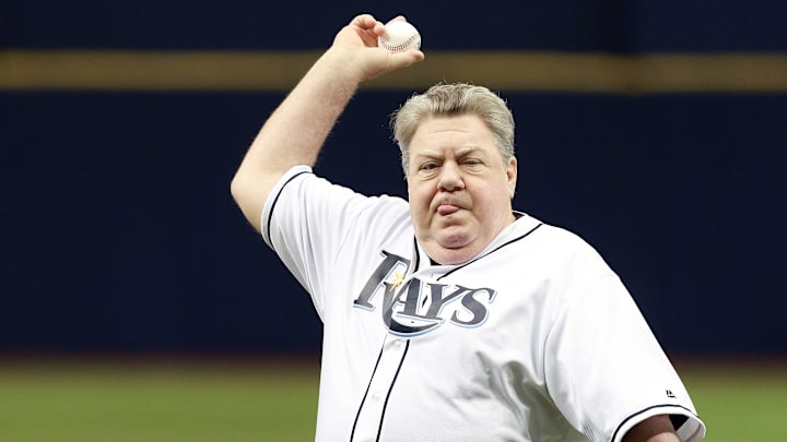 Apr 3, 2016; St. Petersburg, FL, USA; American actor George Wendt throws out the first pitch before the game between the Tampa Bay Rays and Toronto Blue Jays during the first inning at Tropicana Field. 