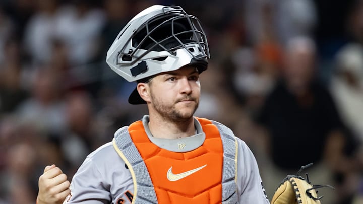 Sep 16, 2025; Phoenix, Arizona, USA; San Francisco Giants catcher Patrick Bailey against the Arizona Diamondbacks at Chase Field. Mandatory Credit: Mark J. Rebilas-Imagn Images
