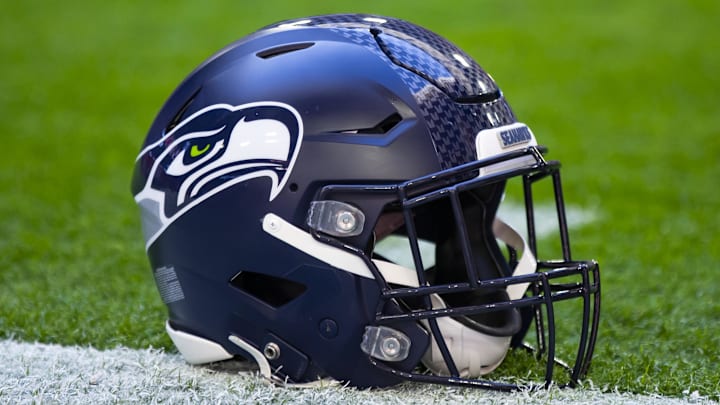 Detailed view of a Seattle Seahawks helmet at State Farm Stadium. Detailed view of a Seattle Seahawks helmet at State Farm Stadium.