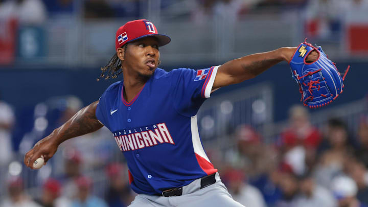 Mar 9, 2026; Miami, FL, United States; Dominican Republic pitcher Brayan Bello (66) delivers a pitch against Israel during the first inning at loanDepot Park. Mandatory Credit: Sam Navarro-Imagn Images