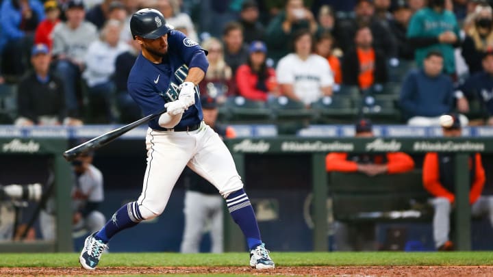 Seattle Mariners second baseman Abraham Toro hits a walk-off sac fly against the Detroit Tigers on Oct. 4, 2022, at T-Mobile Park. Seattle Mariners second baseman Abraham Toro hits a walk-off sac fly against the Detroit Tigers on Oct. 4, 2022, at T-Mobile Park.