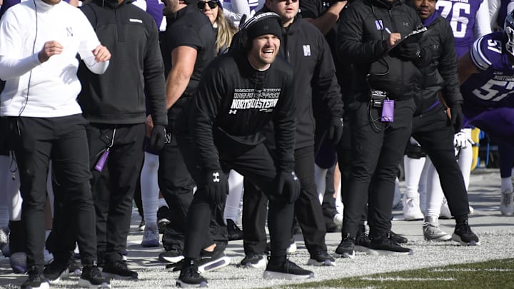 Nov 30, 2024; Chicago, Illinois, USA;  Northwestern Wildcats head coach David Braun looks on during the first half against Illinois Fighting Illini at Wrigley Field. Mandatory Credit: Matt Marton-Imagn Images