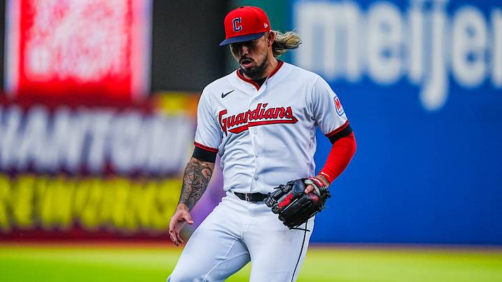 Cleveland Guardians shortstop Gabriel Arias (13) drops a popup after a fielding miscommunication with Cleveland Guardians third baseman Jose Ramirez (11) during the home opening game against the Chicago Cubs, April 4, 2026, at Progressive Field in Cleveland, Ohio.
