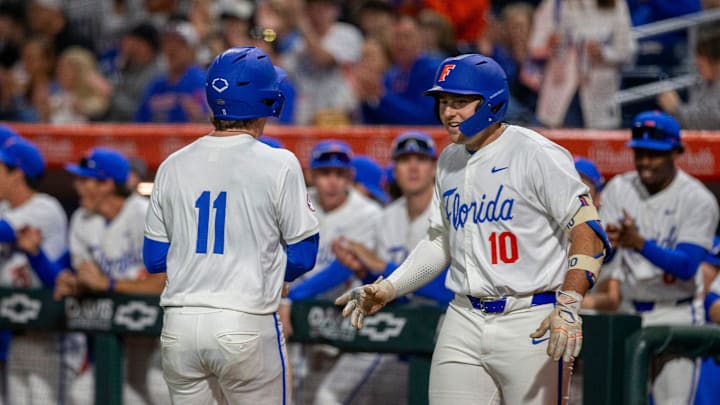 Florida's infielder Brendan Lawson (11) scores a run against UAB, Friday, February 13, 2026, at Condron Family Ballpark in Gainesville, Florida. The Gators lost Game 1 to the Blazers 9-7. [Cyndi Chambers/ Gainesville Sun] 2026