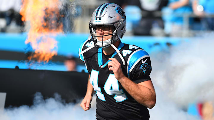 Nov 25, 2018; Charlotte, NC, USA; Carolina Panthers long snapper J.J. Jansen (44) runs on to the field before the game at Bank of America Stadium.