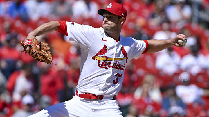 Apr 6, 2024; St. Louis, Missouri, USA;  St. Louis Cardinals starting pitcher Steven Matz (32) pitches against the Miami Marlins during the first inning at Busch Stadium. Mandatory Credit: Jeff Curry-Imagn Images