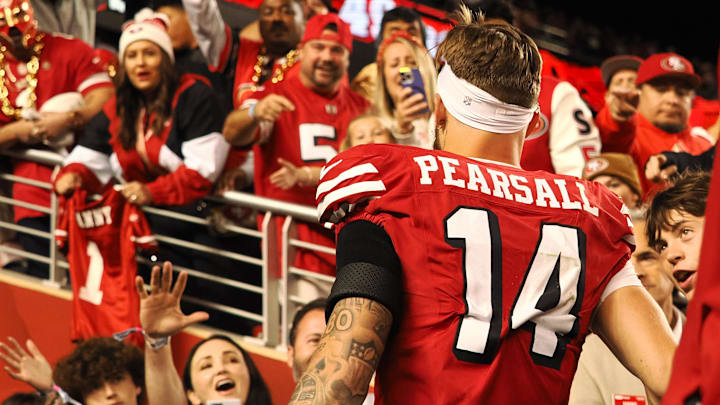 Oct 27, 2024; Santa Clara, California, USA; San Francisco 49ers wide receiver Ricky Pearsall (14) leaves the field after the game against the Dallas Cowboys at Levi's Stadium. Mandatory Credit: Kelley L Cox-Imagn Images Oct 27, 2024; Santa Clara, California, USA; San Francisco 49ers wide receiver Ricky Pearsall (14) leaves the field after the game against the Dallas Cowboys at Levi's Stadium. Mandatory Credit: Kelley L Cox-Imagn Images
