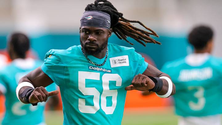 Miami Dolphins linebacker Ronnie Harrison Jr. (56) works during practice at Baptist Health Training Complex. Miami Dolphins linebacker Ronnie Harrison Jr. (56) works during practice at Baptist Health Training Complex.