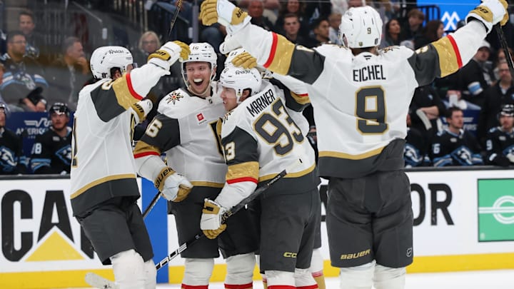 May 1, 2026; Salt Lake City, Utah, USA; Vegas Golden Knights right wing Mitch Marner (93) celebrates with teammates after scoring a goal against the Utah Mammoth during the third period in game six of the first round of the 2026 Stanley Cup Playoffs at Delta Center. Mandatory Credit: Rob Gray-Imagn Images