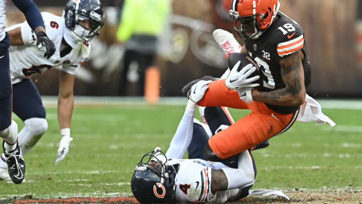 Dec 17, 2023; Cleveland, Ohio, USA; Chicago Bears safety Eddie Jackson (4) tackles Cleveland Browns wide receiver Cedric Tillman (19) during the second half at Cleveland Browns Stadium. Mandatory Credit: Ken Blaze-USA TODAY Sports Dec 17, 2023; Cleveland, Ohio, USA; Chicago Bears safety Eddie Jackson (4) tackles Cleveland Browns wide receiver Cedric Tillman (19) during the second half at Cleveland Browns Stadium. Mandatory Credit: Ken Blaze-USA TODAY Sports