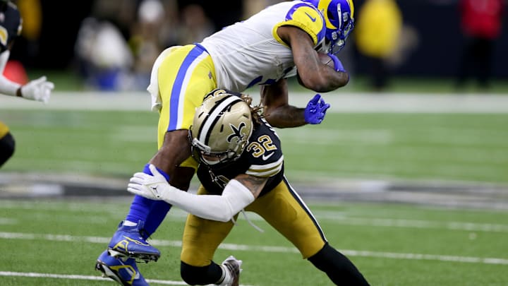 New Orleans Saints safety Tyrann Mathieu (32) makes an open field tackle against the Los Angeles Rams 