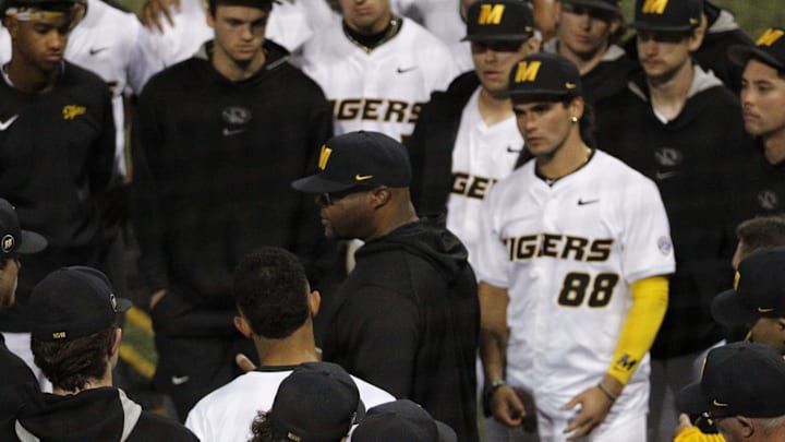April 2, 2025; Columbia, Missouri, USA: Missouri Tigers Head Coach Kerrick Jackson gives a speech to his players following their walk-off win over Arkansas Pine-Bluff. 