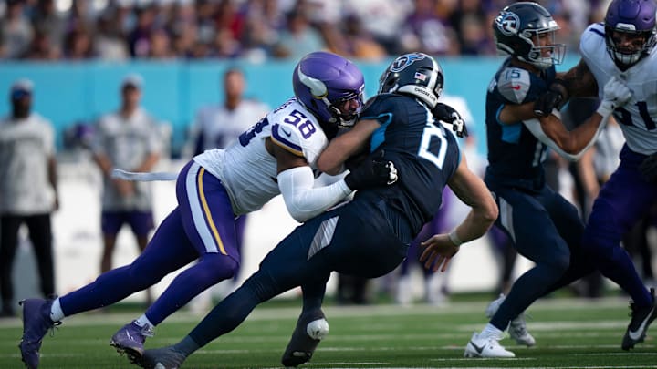 Minnesota Vikings linebacker Jonathan Greenard (58) sacks Tennessee Titans quarterback Will Levis (8) at Nissan Stadium in Nashville, Tenn., Sunday, Nov. 17, 2024.