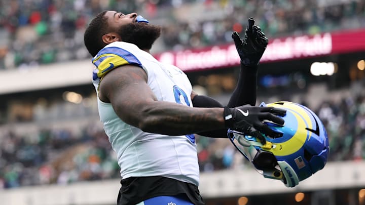 Jan 19, 2025; Philadelphia, Pennsylvania, USA; Los Angeles Rams linebacker Jared Verse (8) before action against the Philadelphia Eagles in a 2025 NFC divisional round game at Lincoln Financial Field. Mandatory Credit: Bill Streicher-Imagn Images