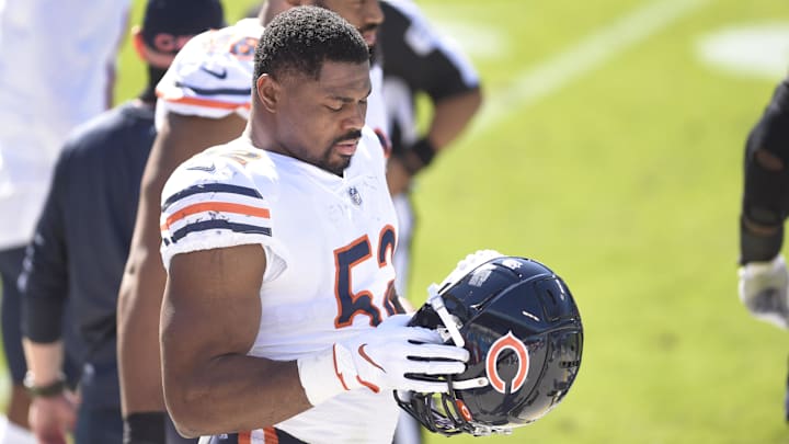 Oct 18, 2020; Charlotte, North Carolina, USA; Chicago Bears outside linebacker Khalil Mack (52) on the sidelines in the second quarter at Bank of America Stadium. Mandatory Credit: Bob Donnan-Imagn Images