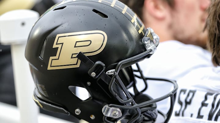 Close up view of a Purdue Boilermakers helmet 