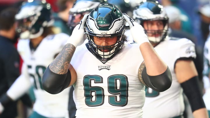 Dec 20, 2020; Glendale, Arizona, USA; Philadelphia Eagles offensive tackle Matt Pryor (69) against the Arizona Cardinals at State Farm Stadium. Mandatory Credit: Mark J. Rebilas-Imagn Images