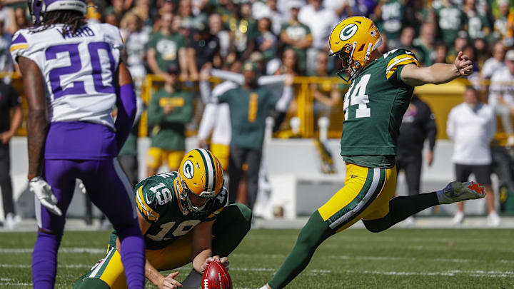 Green Bay Packers place kicker Brayden Narveson attempts a field goal against the Vikings on Sunday.