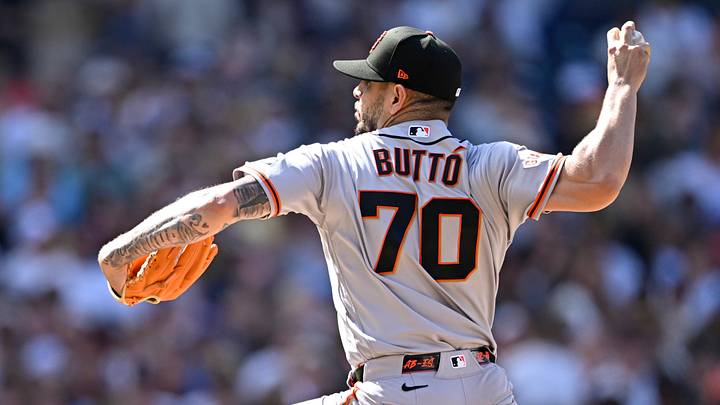 Apr 1, 2026; San Diego, California, USA; San Francisco Giants pitcher José Buttó (70) delivers during the eighth inning against the San Diego Padres at Petco Park. Mandatory Credit: Denis Poroy-Imagn Images