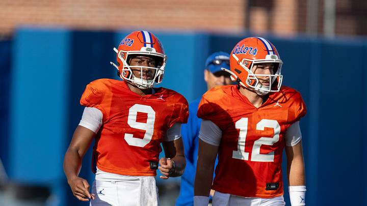 Florida quarterback J. Tramell Jones Jr. (9) and Florida quarterback Aaron Philo (12) practice during Florida Football Fall camp practice availability at Heavener Football Training Center in Gainesville, FL on Friday, August 7, 2026. [Alan Youngblood/Gainesville Sun]