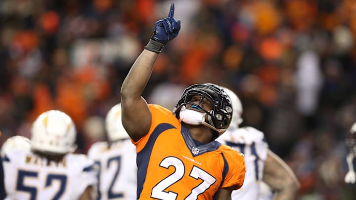 Jan 12, 2014; Denver, CO, USA; Denver Broncos running back Knowshon Moreno (27) celebrates his