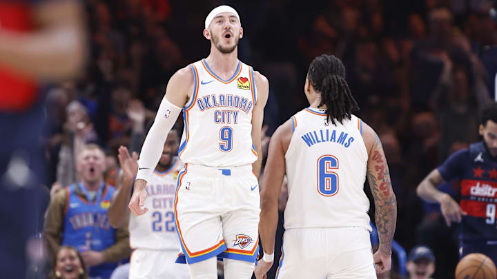 Dec 23, 2024; Oklahoma City, Oklahoma, USA; Oklahoma City Thunder guard Alex Caruso (9) celebrates after his team scores against the Washington Wizards during the second quarter at Paycom Center. Mandatory Credit: Alonzo Adams-Imagn Images