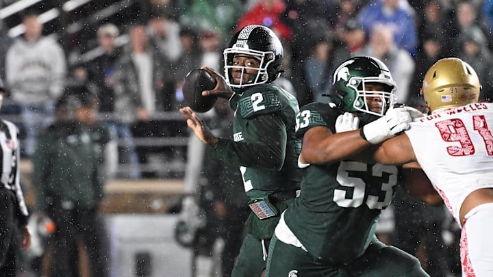Sep 21, 2024; Chestnut Hill, Massachusetts, USA; Michigan State Spartans quarterback Aidan Chiles (2) throws a pass against the Boston College Eagles during the first half at Alumni Stadium. Mandatory Credit: Eric Canha-Imagn Images