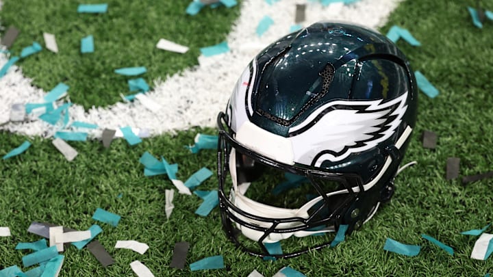 Feb 9, 2025; New Orleans, LA, USA; A Philadelphia Eagles player's helmet rests on the field after Super Bowl LIX against the Kansas City Chiefs at Caesars Superdome. Mandatory Credit: Geoff Burke-Imagn Images Feb 9, 2025; New Orleans, LA, USA; A Philadelphia Eagles player's helmet rests on the field after Super Bowl LIX against the Kansas City Chiefs at Caesars Superdome. Mandatory Credit: Geoff Burke-Imagn Images