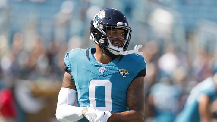 Oct 27, 2024; Jacksonville, Florida, USA; Jacksonville Jaguars wide receiver Gabe Davis (0) before the game against the Green Bay Packers at EverBank Stadium.