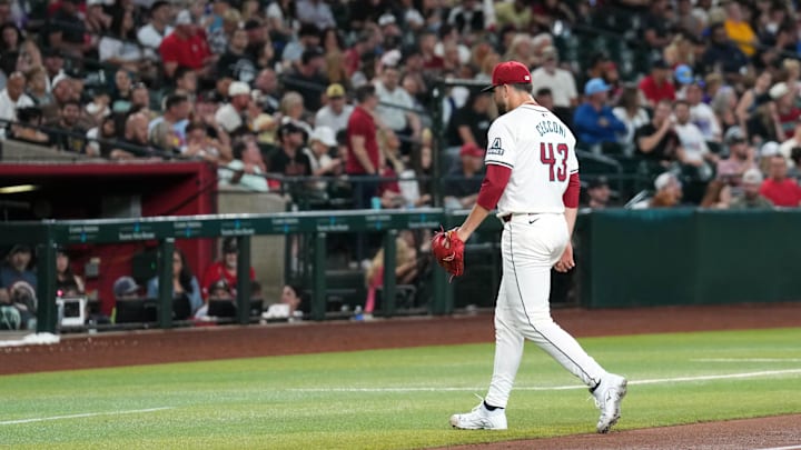 Slade Cecconi walks of mound at Chase Field in the 5th trailing 5-0 against San Diego May 3, 2024 Slade Cecconi walks of mound at Chase Field in the 5th trailing 5-0 against San Diego May 3, 2024