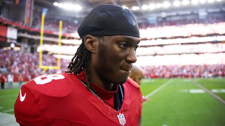 Jan 5, 2025; Glendale, Arizona, USA; Arizona Cardinals wide receiver Marvin Harrison Jr. (18) against the San Francisco 49ers at State Farm Stadium. Mandatory Credit: Mark J. Rebilas-Imagn Images