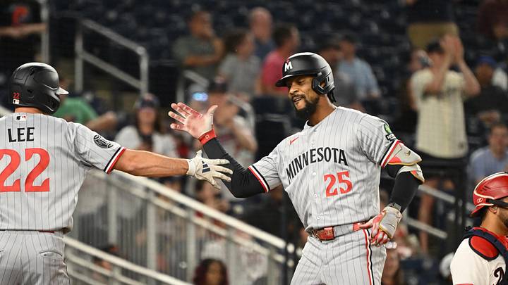 May 5, 2026; Washington, District of Columbia, USA;  Minnesota Twins center fielder Byron Buxton (25) celebrates hitting a home run with shortstop Brooks Lee (22) against the Washington Nationals during the eighth inning at Nationals Park. Mandatory Credit: Rafael Suanes-Imagn Images
