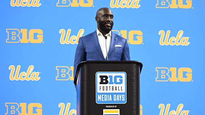 Jul 24, 2024; Indianapolis, IN, USA;  UCLA Bruins head coach DeShaun Foster speaks to the media during the Big 10 football media day at Lucas Oil Stadium. Mandatory Credit: Robert Goddin-USA TODAY Sports
